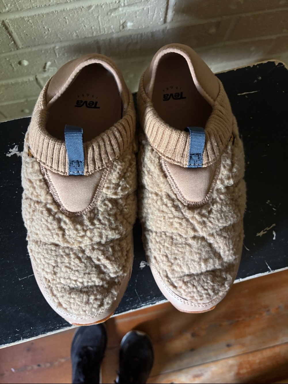 Teva Women’s Tan Sherpa Slip-On Shoes with Blue Pull Tab